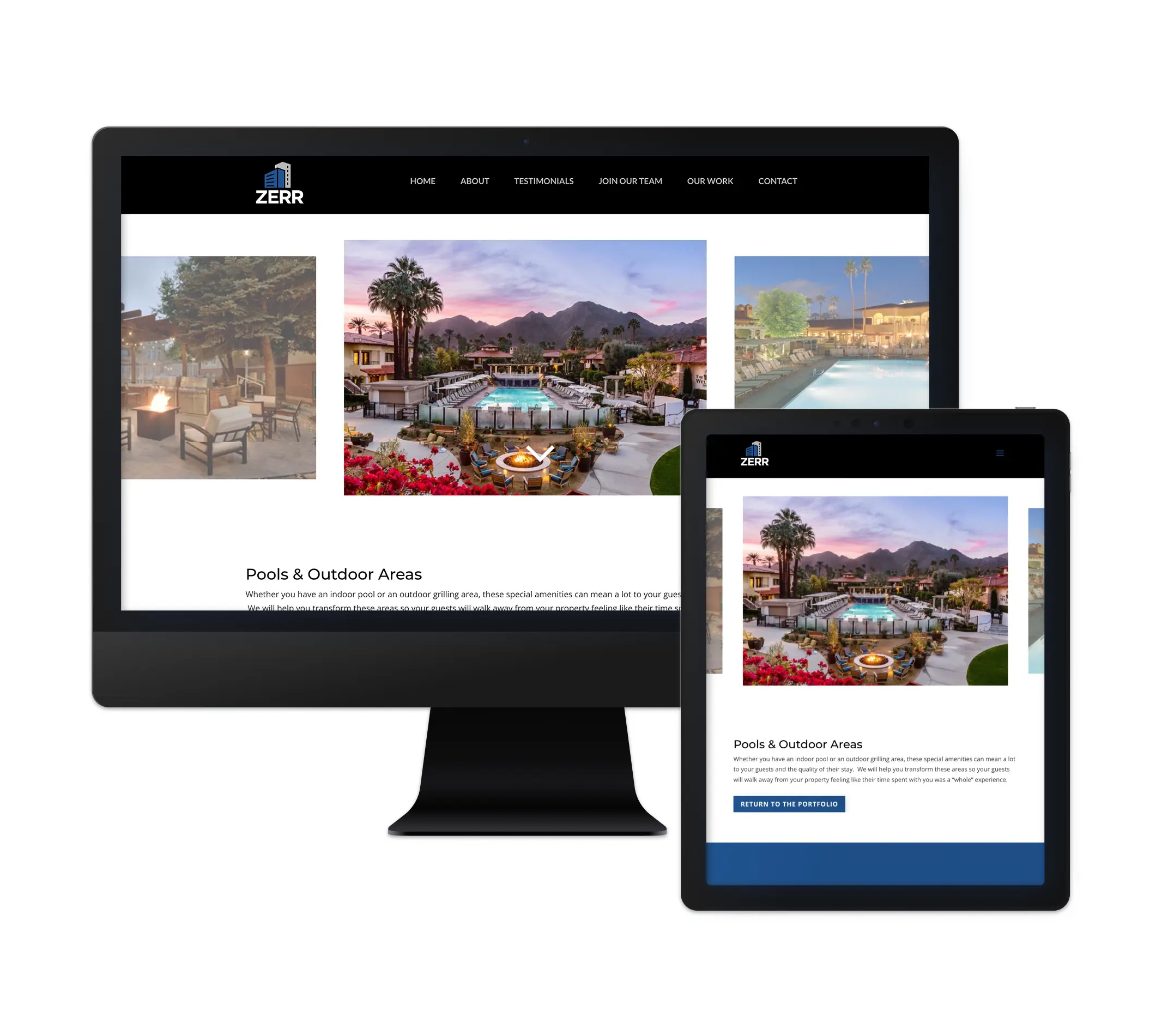 The image shows a website for Zerr, showcasing a section dedicated to "Pools & Outdoor Areas." The page features high-quality images of a luxurious pool and outdoor spaces with seating, fire pits, and mountain views. It emphasizes how these amenities enhance guest experiences, whether for an indoor pool or an outdoor grilling area.