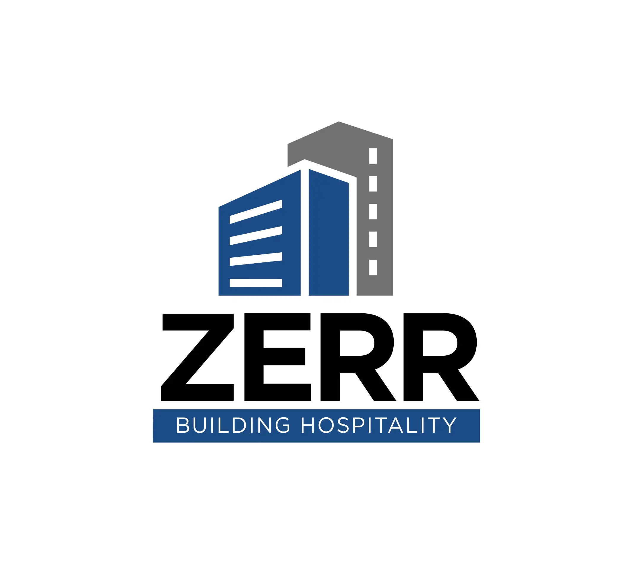 The image displays the logo for Zerr, a company focused on building hospitality. The logo features two stylized buildings in blue and gray, symbolizing the company's expertise in the construction and development of hospitality spaces. The company name "ZERR" is prominently displayed beneath the buildings, with the tagline "BUILDING HOSPITALITY" underneath it.