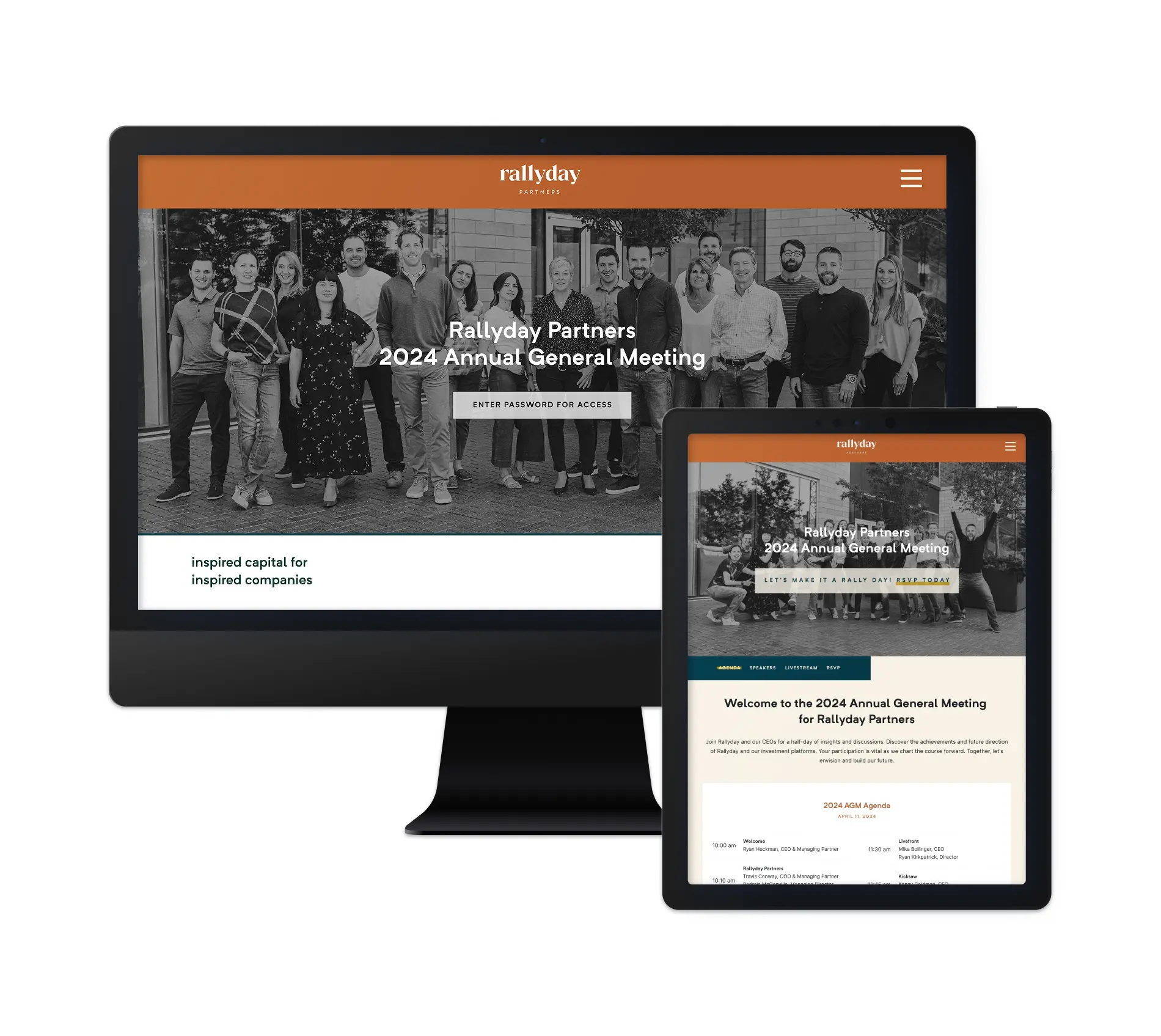 The image shows a digital interface displaying the website for the 2024 Annual General Meeting of Rallyday Partners across three devices: a desktop computer, tablet, and smartphone. The desktop version features a black-and-white group photo of the Rallyday team with a banner reading "Rallyday Partners 2024 Annual General Meeting" and a password prompt for access. The tablet and mobile versions display the event agenda and options to view speakers, learn more, and buy tickets, with the main color scheme of orange, white, and green. The site emphasizes the event’s theme, "Let’s Make It A Rally Day!" The design is professional, reflecting the corporate atmosphere of the meeting.