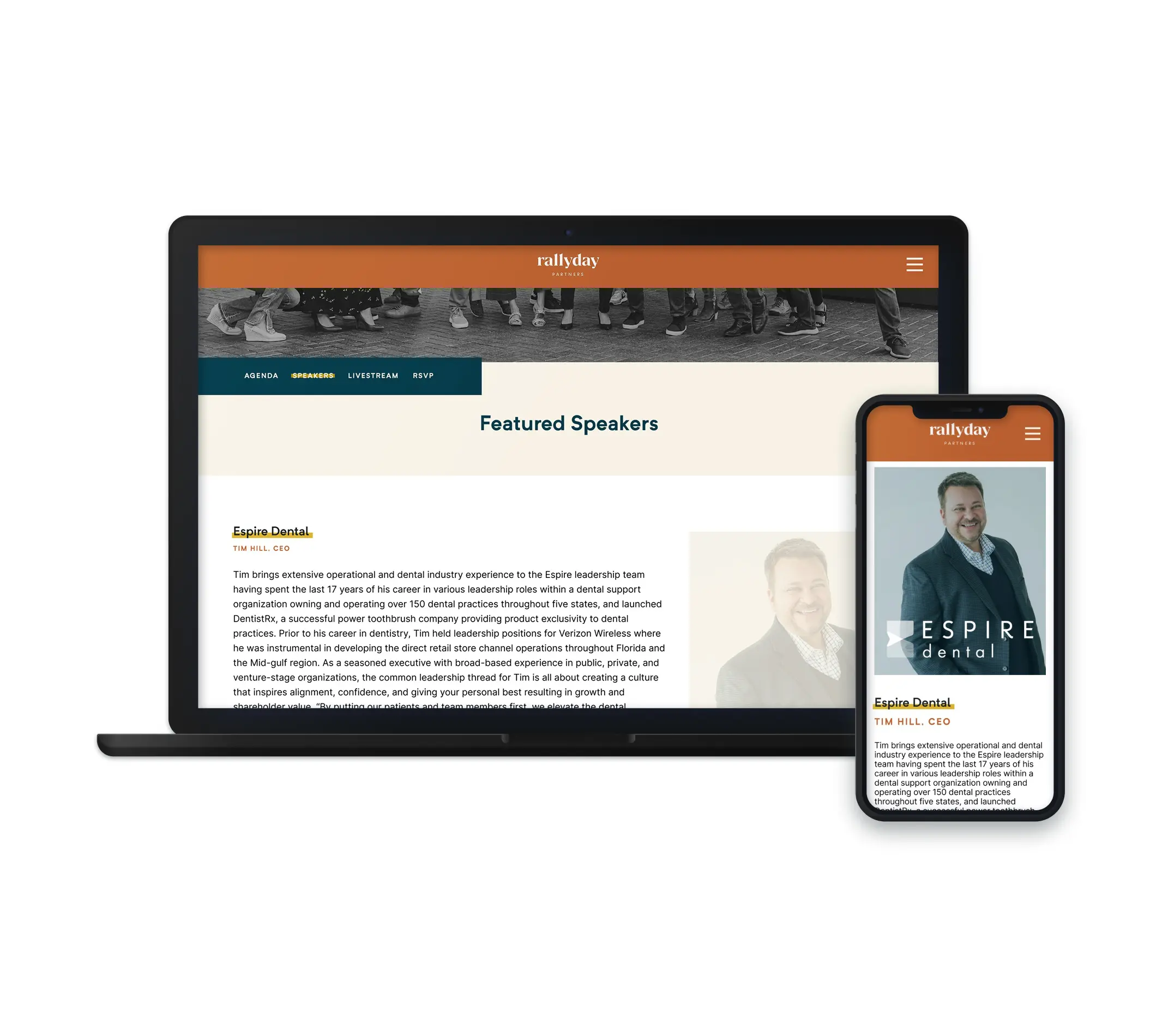 The image showcases the Rallyday Partners website on two devices: a laptop and a smartphone. The laptop version displays a page featuring "Featured Speakers" for the 2024 Annual General Meeting. The section highlights Tim Hill, CEO of Espire Dental, with a brief bio detailing his leadership experience in the dental industry. On the mobile version, the bio of Tim Hill is accompanied by his professional photo, emphasizing the "Espire Dental" branding. The design is clean, with an orange banner at the top and a prominent focus on Tim Hill’s qualifications and role in the event.