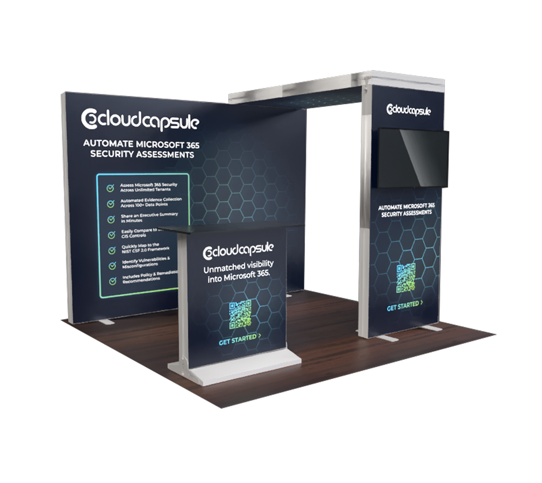 Cybersecurity trade show booth mockup from the left side