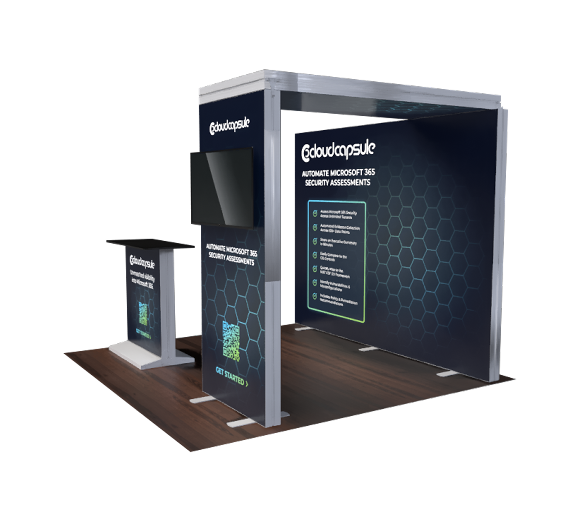 Cybersecurity trade show booth mockup from the right side