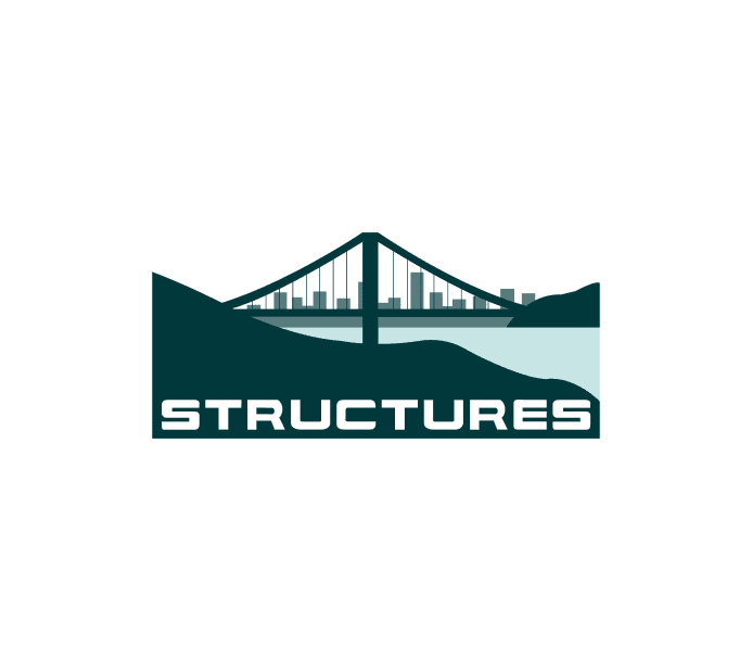 The image shows the logo of "Structures," featuring an abstract bridge design spanning across a mountain range and water. The logo uses a combination of geometric shapes to convey a strong and solid foundation, complemented by the word "STRUCTURES" in bold, modern lettering beneath the image. The bridge and natural elements suggest a focus on infrastructure, civil engineering, or construction projects.