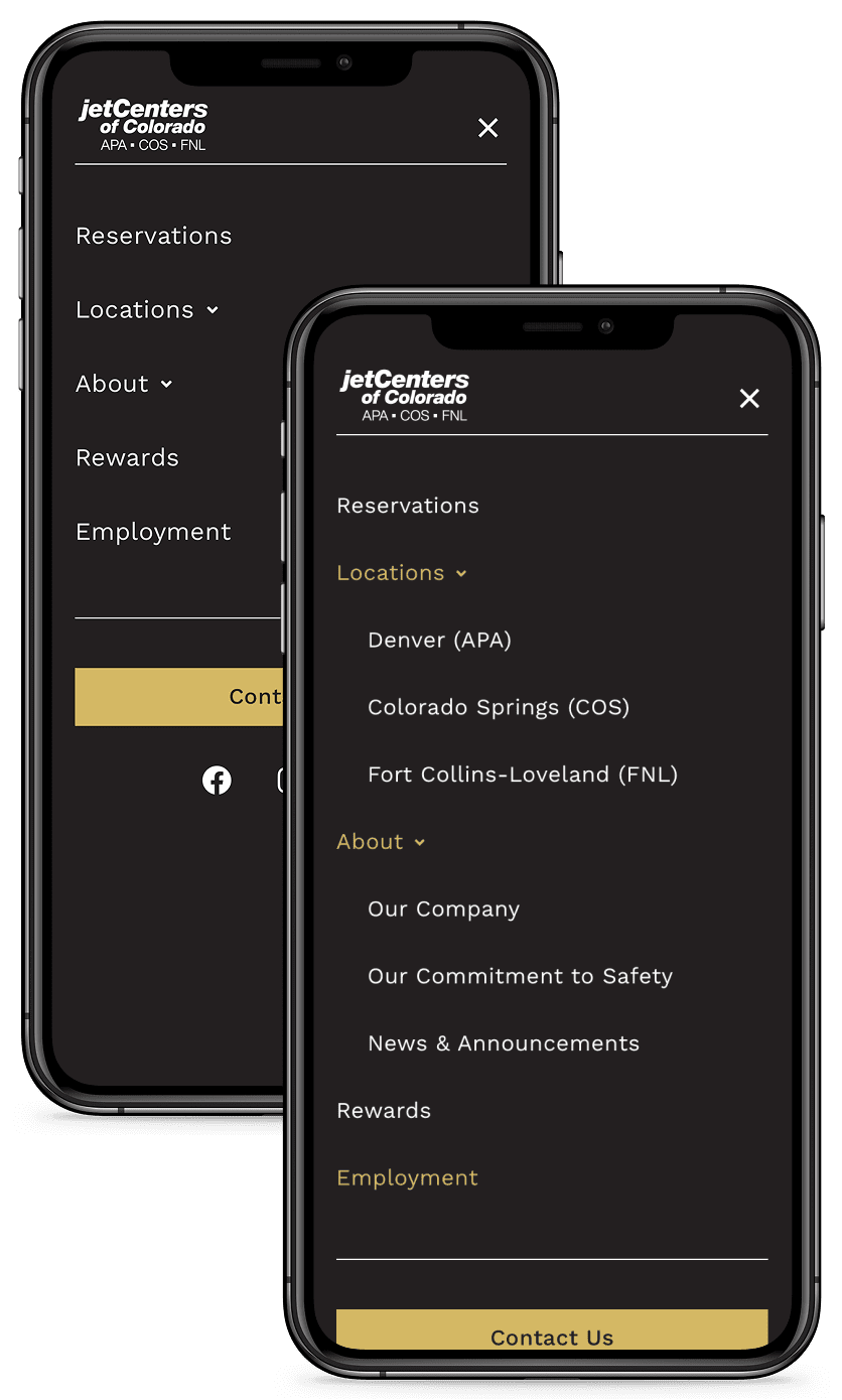 jetCenters' enhanced mobile navigation as shown on iPhone