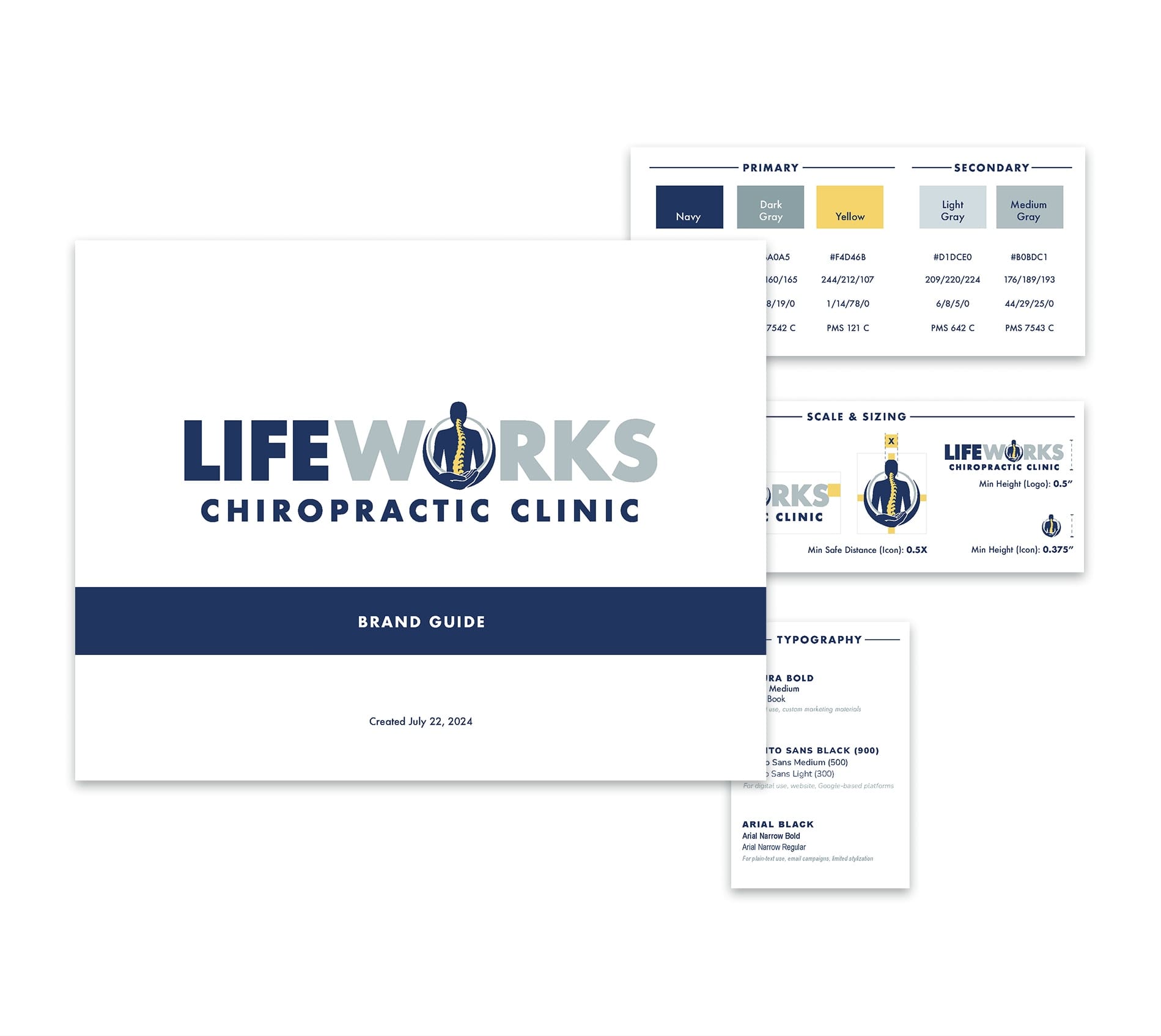 The image shows the brand guide for Lifeworks Chiropractic Clinic. The cover features the clinic’s logo with the text "LIFEWORKS CHIROPRACTIC CLINIC" in bold typography. Inside, the guide includes color specifications for primary (Navy, Dark Gray, Yellow) and secondary (Light Gray, Medium Gray) palettes, along with their corresponding color codes. Additionally, there are guidelines for the proper use and sizing of the logo, along with the typography fonts, including "Proxima Nova Bold" and "Ariel Black," ensuring consistent brand presentation.