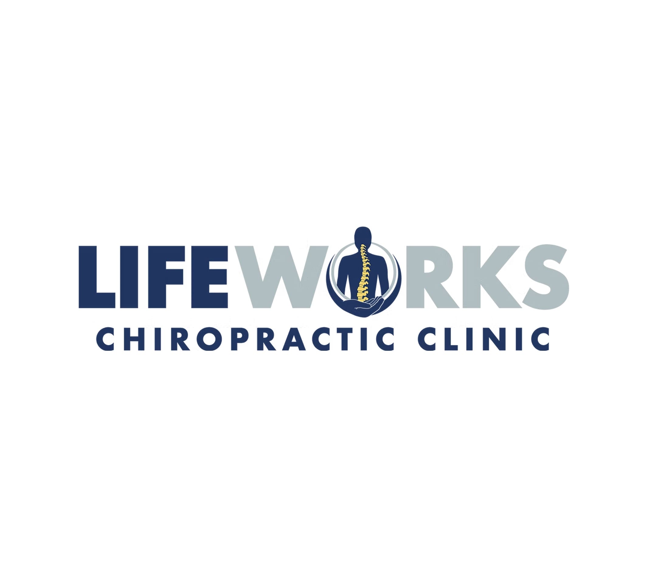 The image displays the "Lifeworks Chiropractic Clinic" logo, which includes the brand name "LIFEWORKS" in bold, with the "WORKS" part in a light grey color, while "LIFE" remains in dark blue. Below the name, "CHIROPRACTIC CLINIC" is written in smaller font. A stylized graphic of a human figure with a visible spine is enclosed in a circular shape, symbolizing chiropractic care, with hands supporting the figure. The overall design has a professional and clean look with a combination of blue and grey tones.