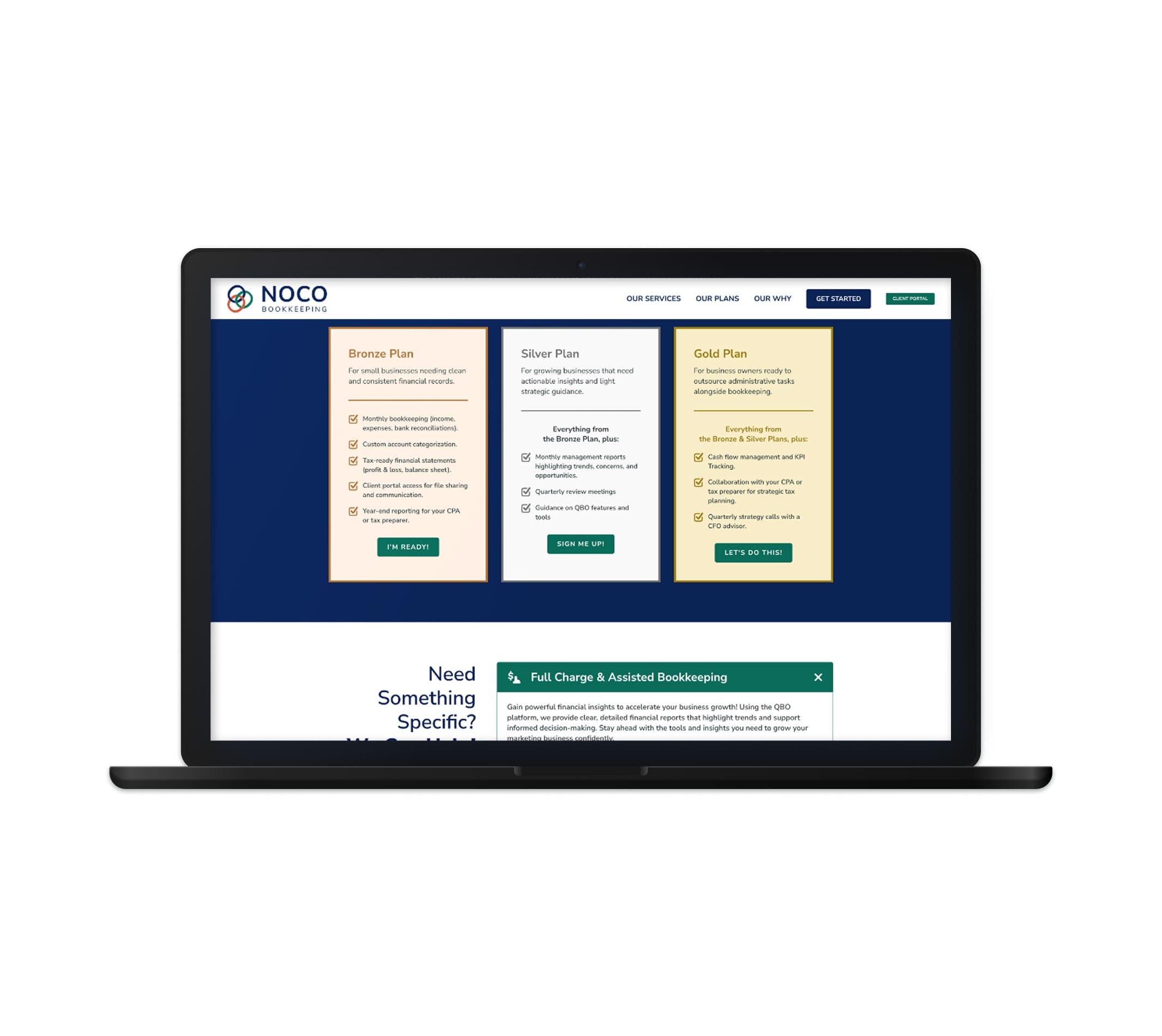 The image showcases the website for NOCO Bookkeeping displayed on a laptop screen. The page features three service plans—Bronze, Silver, and Gold—each with a brief description of the services offered. The Bronze plan targets small businesses needing clean and consistent financial records, the Silver plan caters to growing businesses needing strategic guidance, and the Gold plan is designed for businesses ready to outsource accounting tasks alongside bookkeeping. The page also includes buttons to sign up for each plan and additional services, making it user-friendly for potential clients looking to get started with NOCO Bookkeeping.