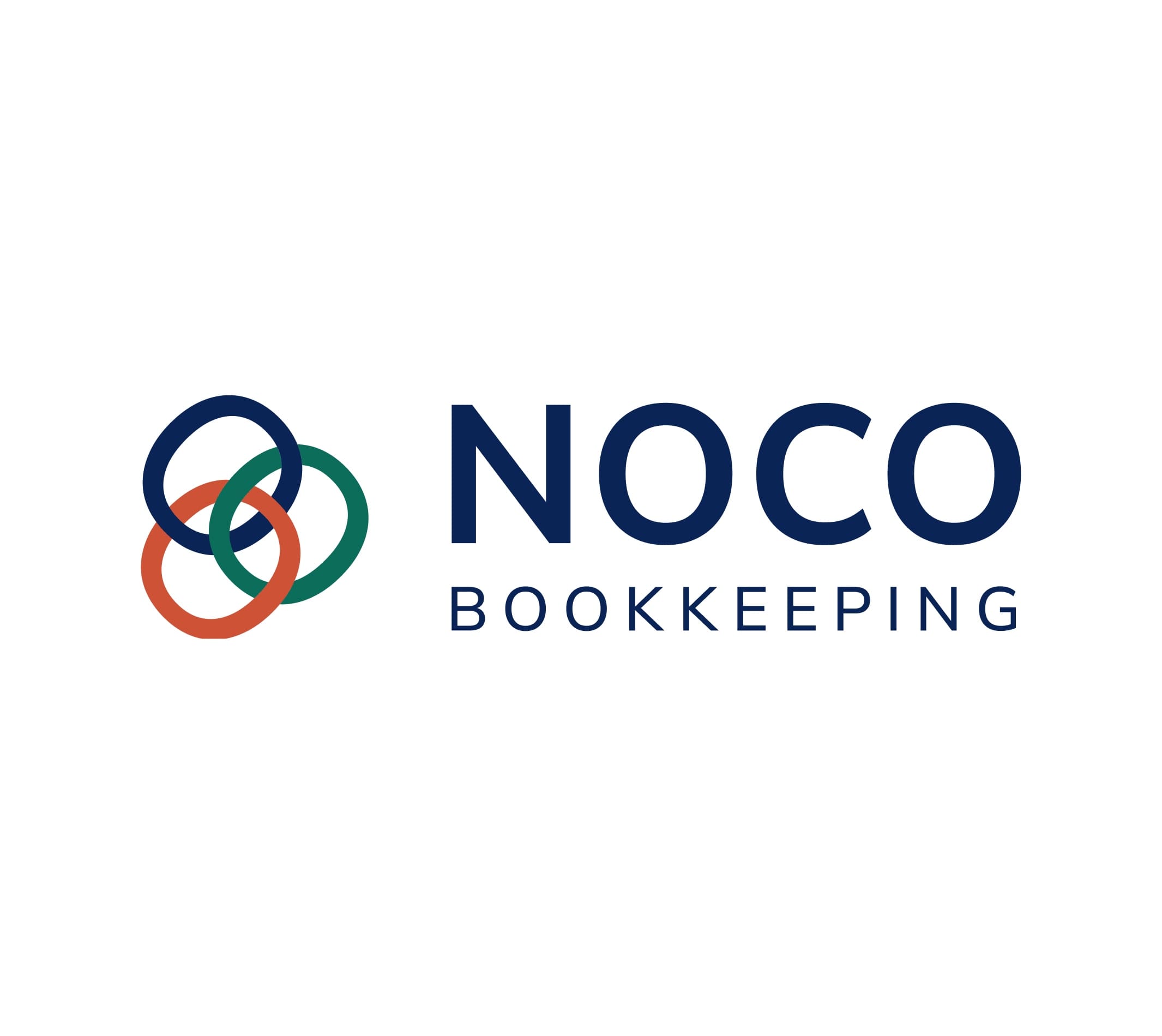 The image displays the logo for NOCO Bookkeeping. It features the word "NOCO" in a bold blue font, accompanied by "BOOKKEEPING" in smaller text below. To the left of the text, there are three overlapping circles in varying colors: orange, green, and blue, symbolizing connection and organization. The clean design emphasizes professionalism, making it suitable for a bookkeeping service.
