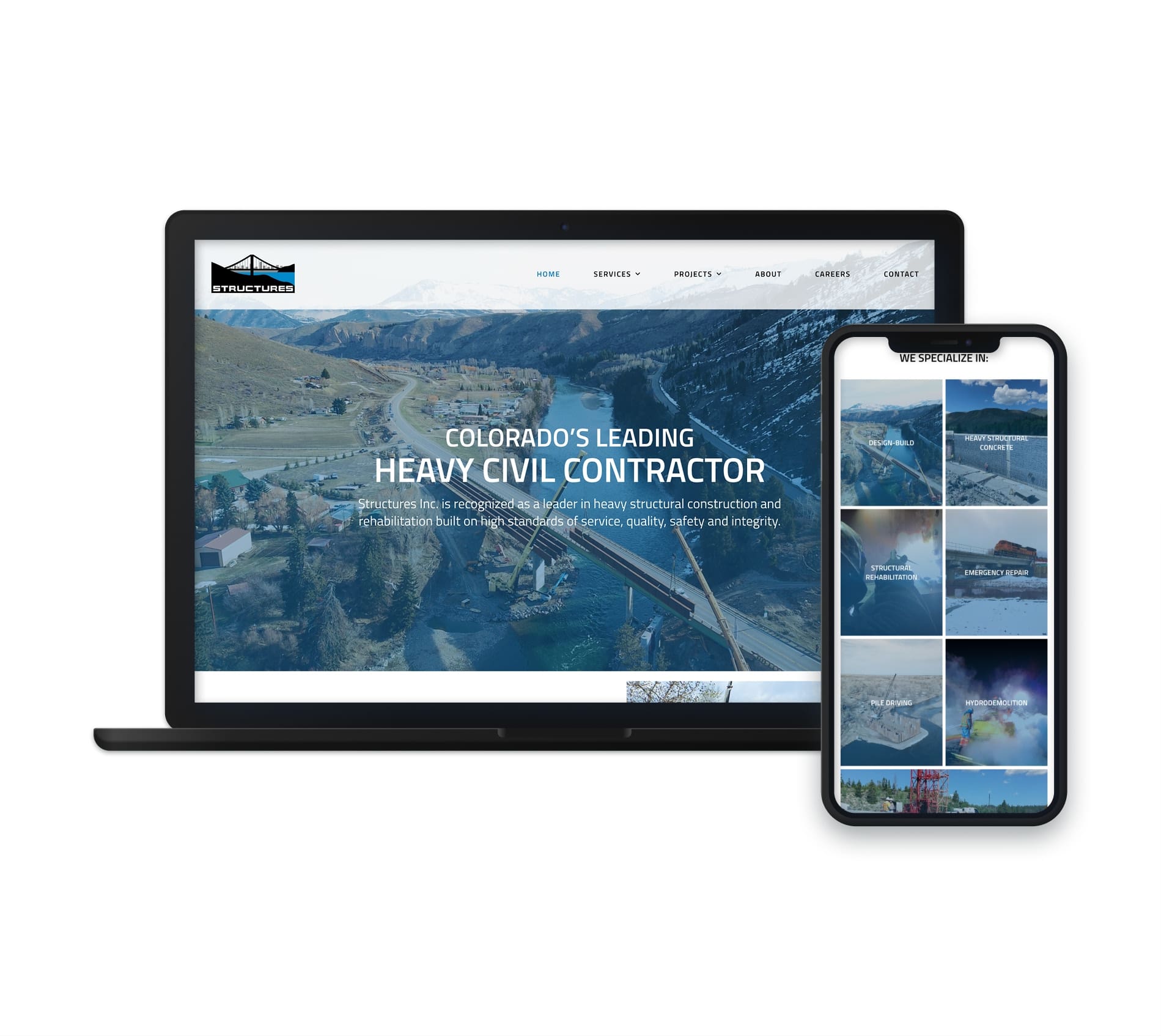 The image features a screenshot of the website for "Structures Inc.," a heavy civil contractor in Colorado. The website showcases the company's expertise in structural construction and rehabilitation, with a banner highlighting the company as "Colorado’s Leading Heavy Civil Contractor." Below the banner, the site displays a variety of specialized project categories. The layout is clean and professional, with scenic images of construction sites and infrastructure projects, as well as a mobile-friendly version of the site showing detailed project types.