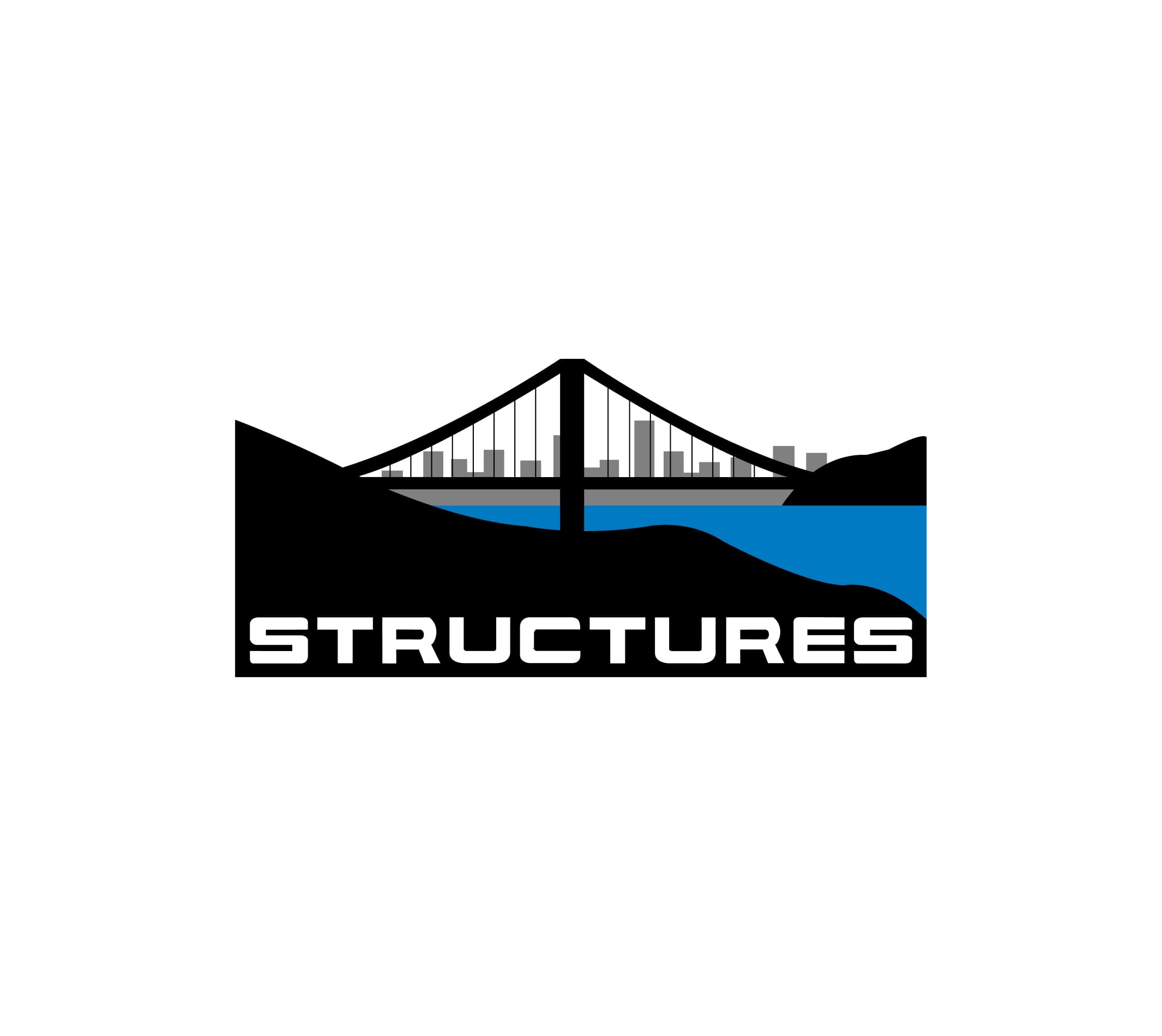 The image features a logo for "Structures," which depicts a stylized bridge spanning across a river with a silhouette of a city skyline in the background. The logo uses bold, white font for the word "STRUCTURES" beneath the graphic, emphasizing a modern and industrial design. The color palette includes black for the mountain-like structure, blue for the water, and gray for the buildings, giving the logo a sleek, professional appearance. This design reflects the company's focus on construction and infrastructure, particularly bridge building.