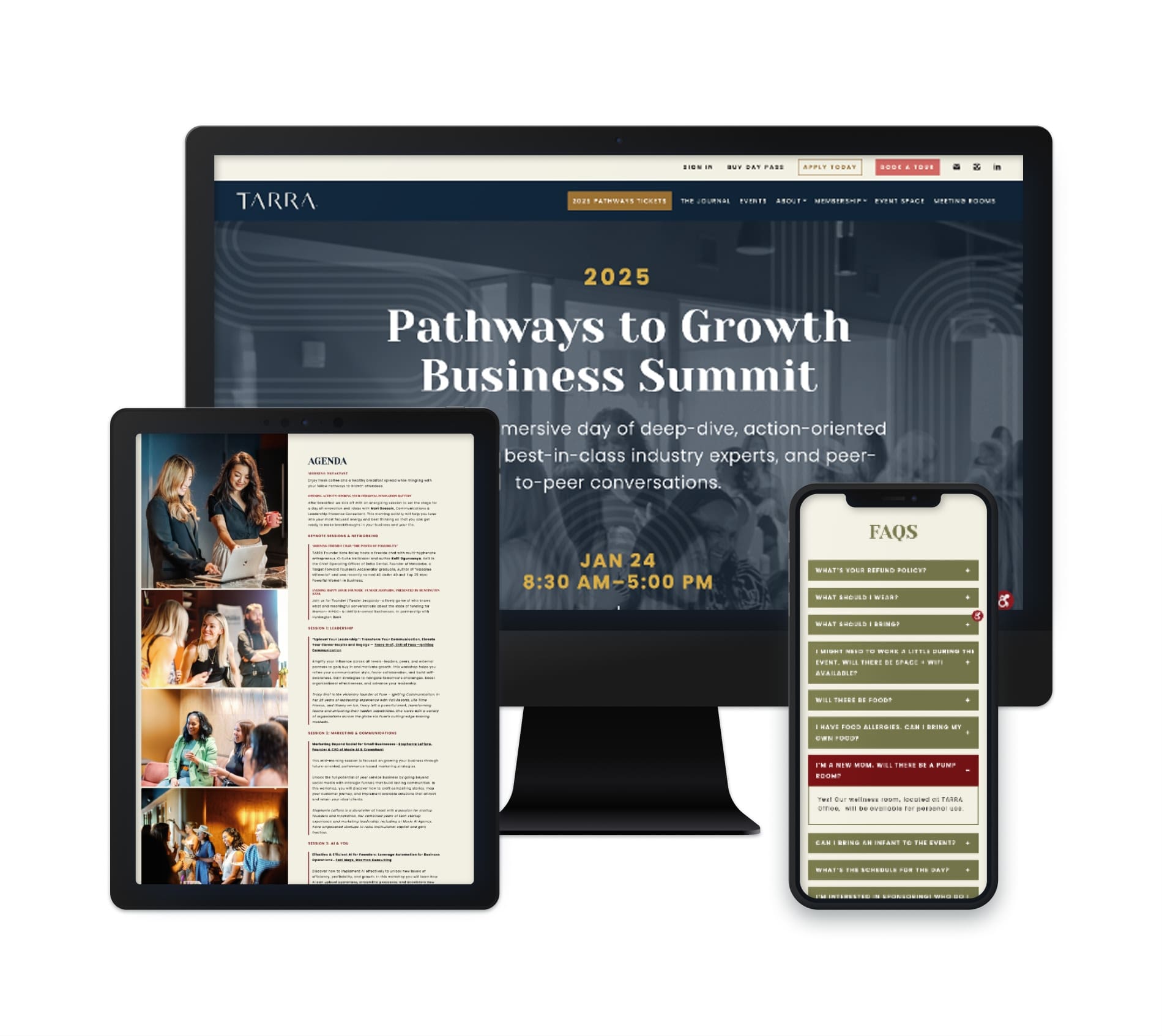 The image shows a responsive webpage for the "2025 Pathways to Growth Business Summit," displayed across three devices: a desktop monitor, tablet, and smartphone. The website highlights the event's agenda, date, and details, inviting participants to an immersive day of business growth with expert insights and peer conversations. The agenda is detailed on the tablet view, while the smartphone features a FAQ section for additional event information. The overall design reflects a professional, clean layout with an emphasis on the summit's importance and interactive elements.