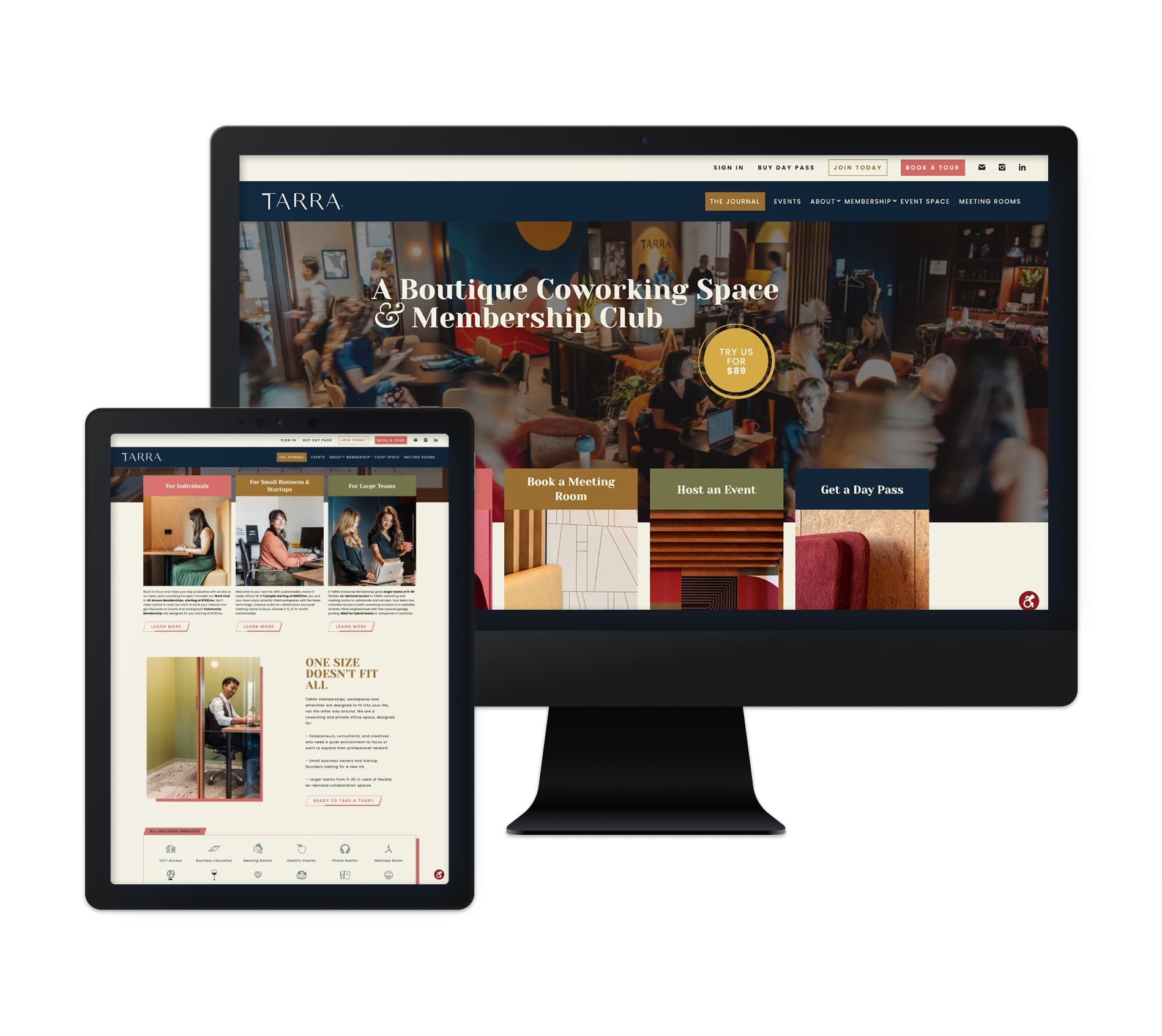 The image shows the website for Tarra, a flexible coworking space. On the desktop and tablet displays, the homepage highlights various coworking membership options tailored for individuals, small businesses, startups, and larger teams. The design features a blend of cozy, stylish workspaces with a focus on flexibility for how you work and live. The main tagline, "Flexible coworking memberships designed for the way you work & live," emphasizes the adaptability of their offerings. The interface includes sections showcasing membership details, with a user-friendly layout for easy navigation.