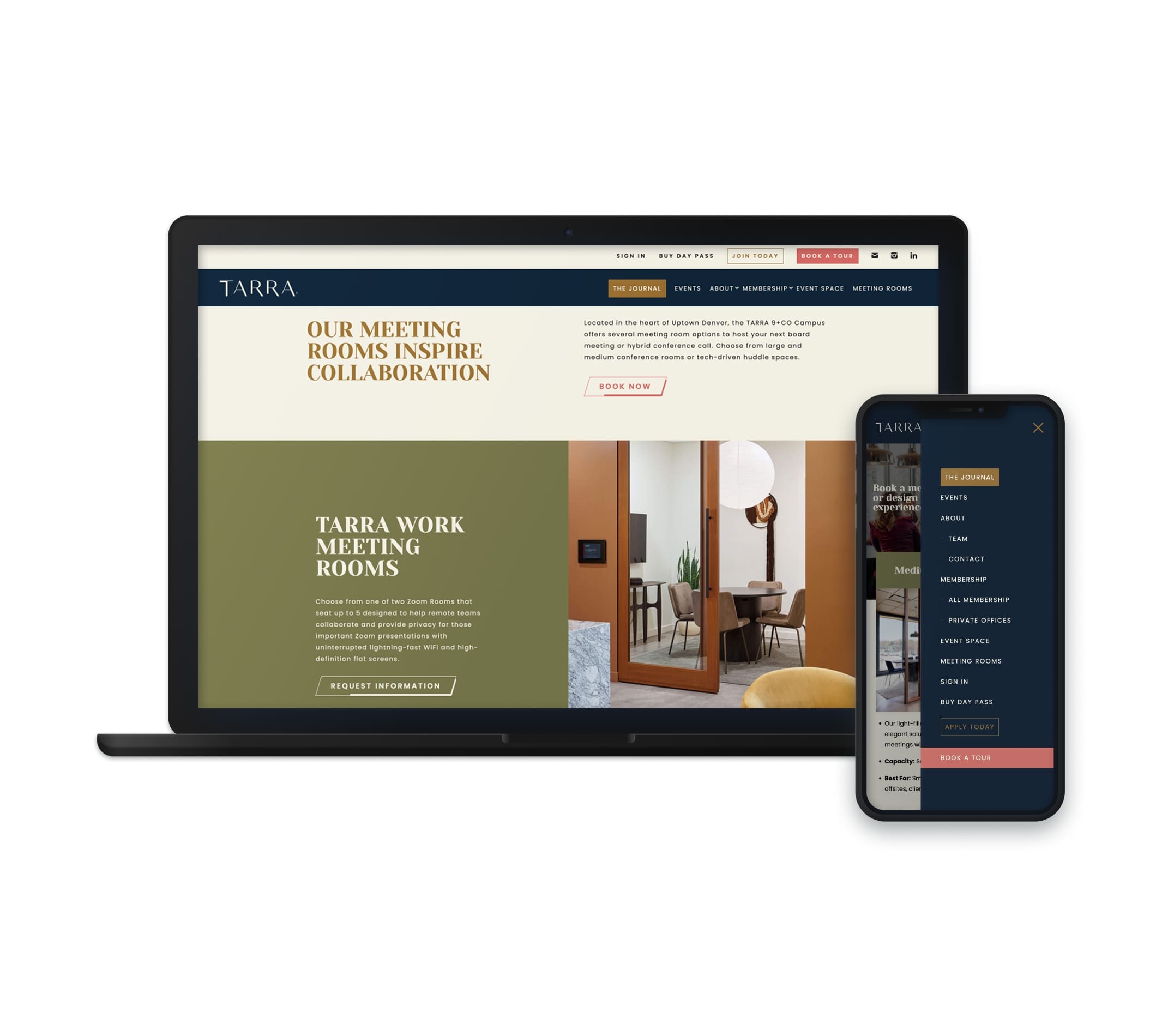 The image showcases a laptop and a mobile phone displaying the website of "Tarra" with a focus on their meeting room offerings. The laptop screen features a section titled "OUR MEETING ROOMS INSPIRE COLLABORATION," alongside an image of a modern, well-designed meeting space. The text highlights the availability of different Zoom Rooms designed for remote team meetings. On the mobile phone screen, the navigation menu is visible, with options such as "THE JOURNAL," "EVENTS," "ABOUT," "MEMBERSHIP," and "BOOK A TOUR."