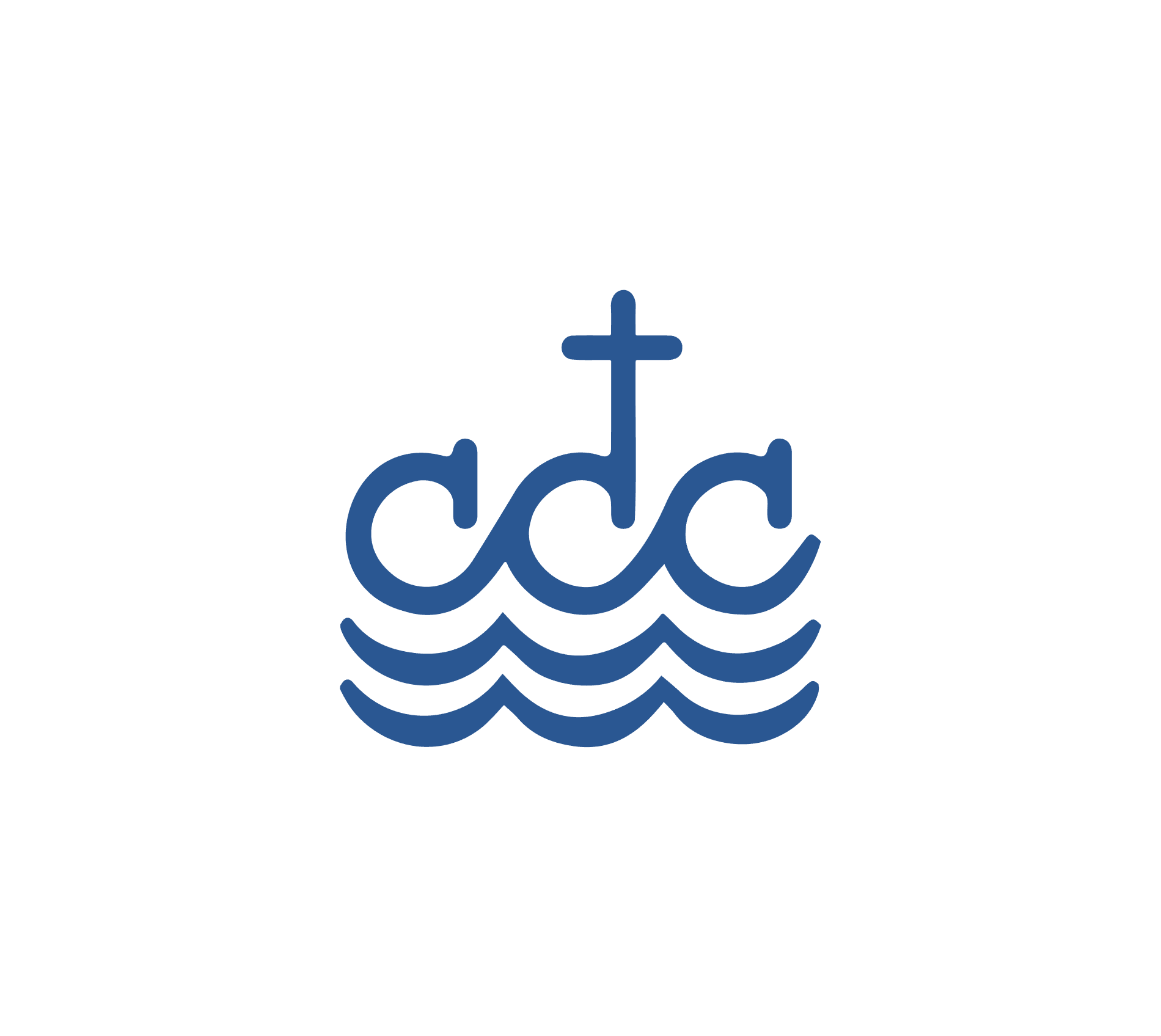 The image displays a simple, blue logo of the Colorado Council of Churches. It features the acronym "CCC" in stylized lettering, with a cross above it and waves beneath, symbolizing the church's connection to both faith and community. The design has a clean, modern feel with minimal details.