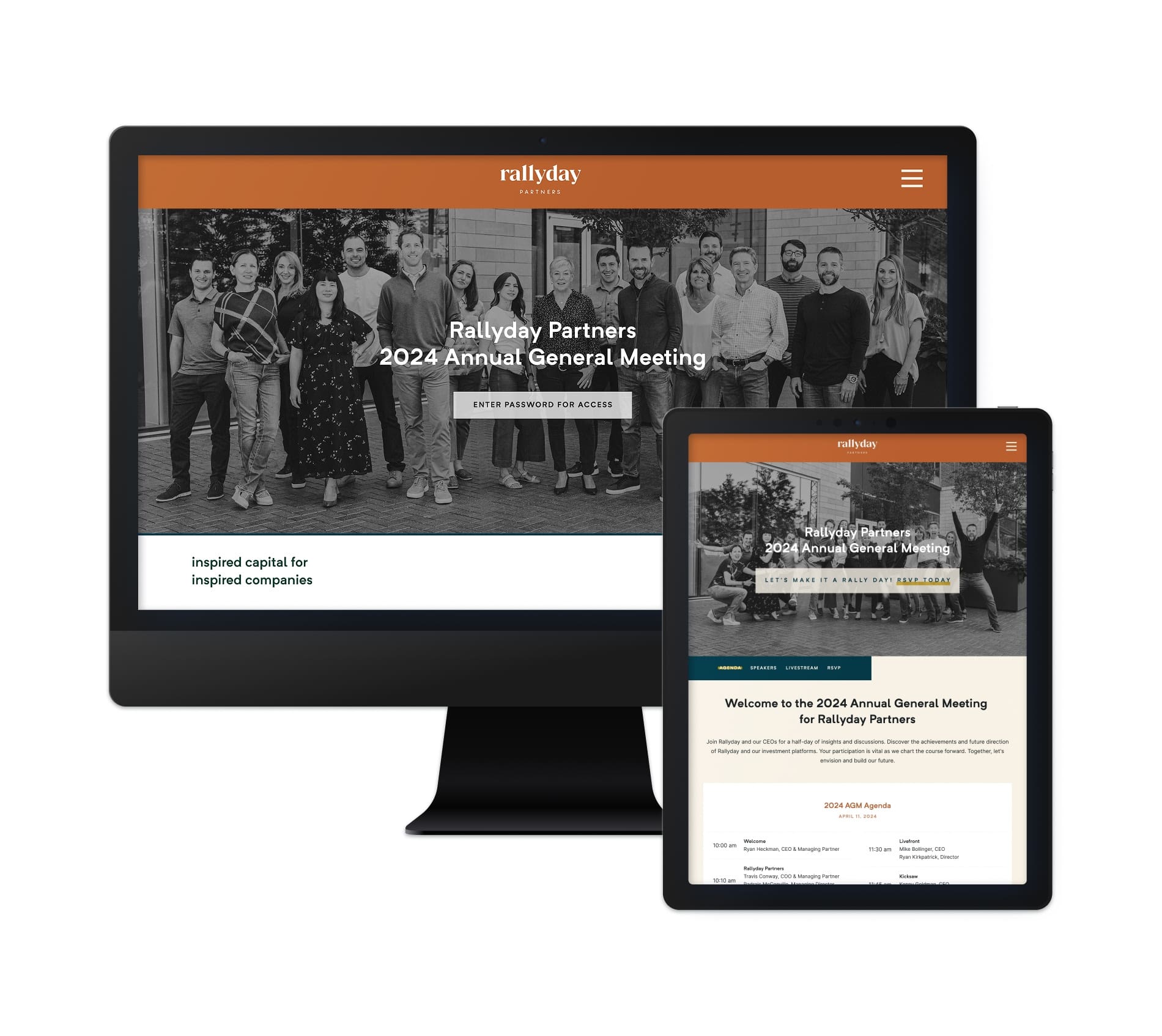Desktop and tablet view of the virtual event portal for Rallyday's Annual General Meeting