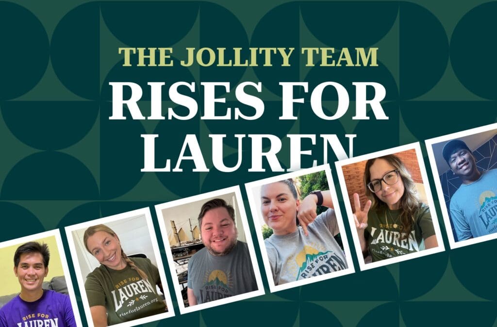 Green pattern background with selfie photos of each team member wearing Rise for Lauren tees