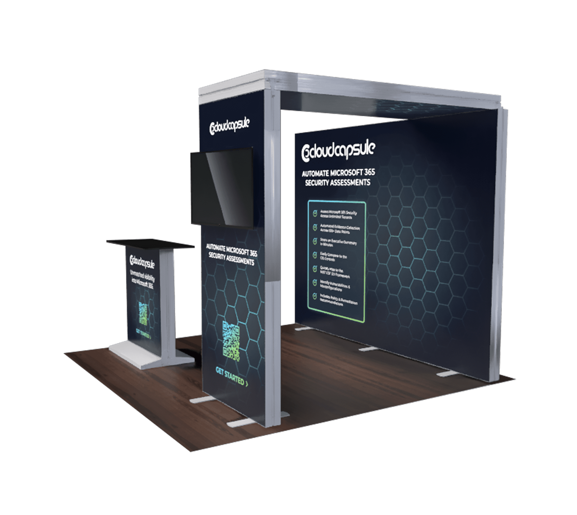 Cybersecurity trade show booth mockup from the right side
